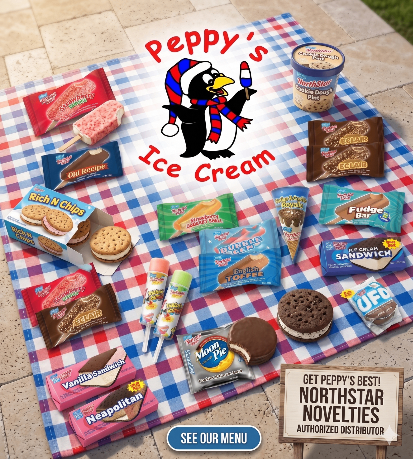 Peppy's Ice Cream product showcase featuring North Star novelty bars, ice cream sandwiches, cones, and Cookie Dough Pint on a classic checkered tablecloth